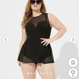 Torrid Plus Size 2 2X D/DD Black Underwire Long Mesh Overlay Swim Dress Swimsuit